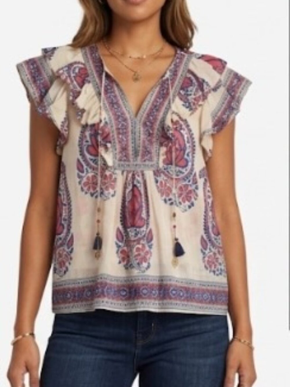 Bell Puff Sleeve Tunnic (Blue/Pink Floral, Pink Tassels)